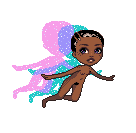 small pixel doll of a naked black person floating in air, their hair close-cropped with grey streaks, double shadows in cyan and magenta hover behind them, speckled with stars
